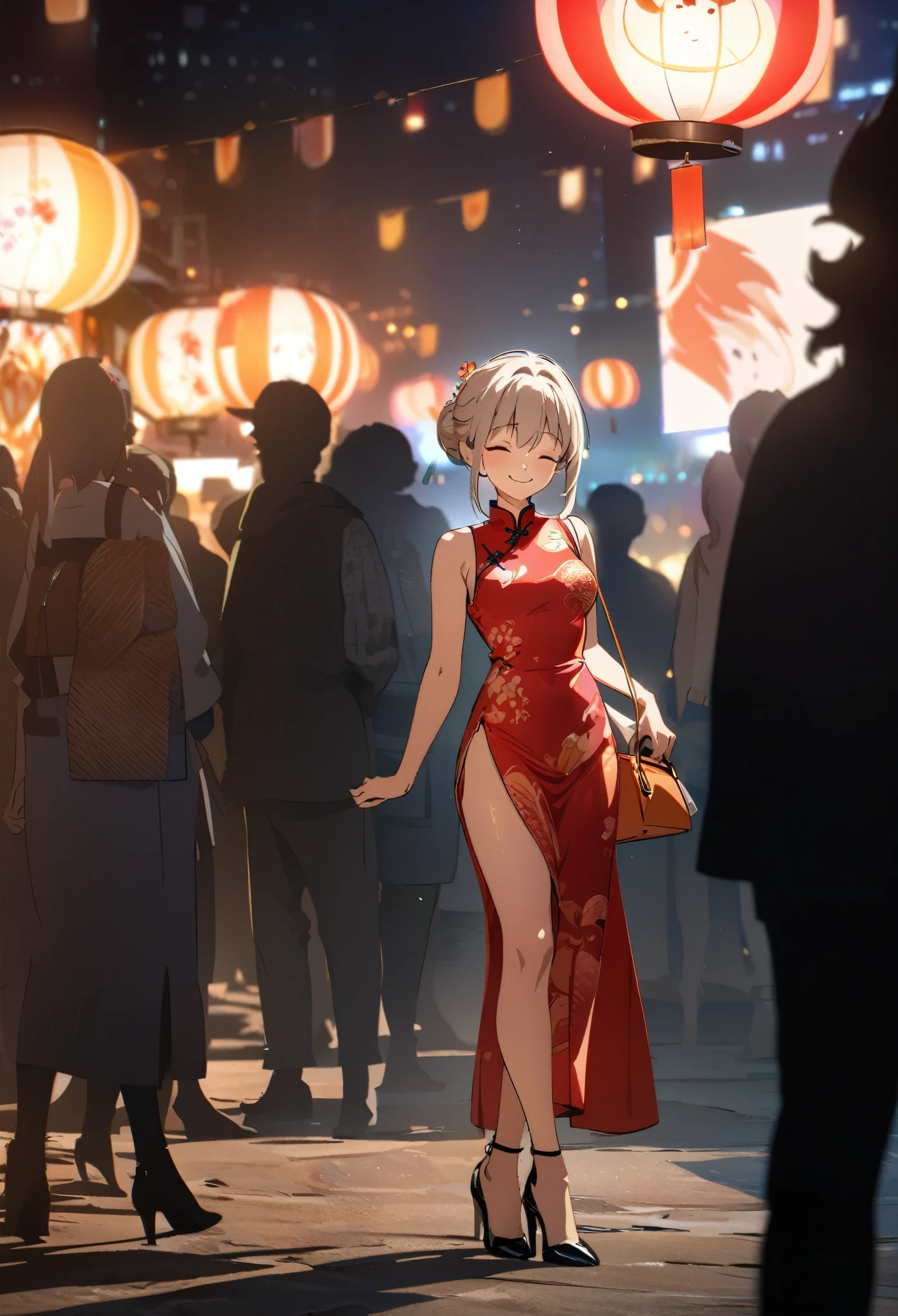 (best quality,8k,highres, masterpiece:1.2), (anime style),ultra-detailed, HDR, UHD, studio lighting, ultra-fine painting, sharp focus, physically-based rendering, extreme detail description, professional, vivid colors, bokeh, portraits, concept artists, warm color palette, dramatic lighting,Summer festival night,1 beautiful woman,(no sleeves China dress),updo, big smile, closed eyes, (The cityscape lined with the fairs of summer festivals),(beautiful hair, glowing skin,),(Silhouette of a passing crowd),(anime style),(high heels with straps),Holding a Hermès Kelly Bag