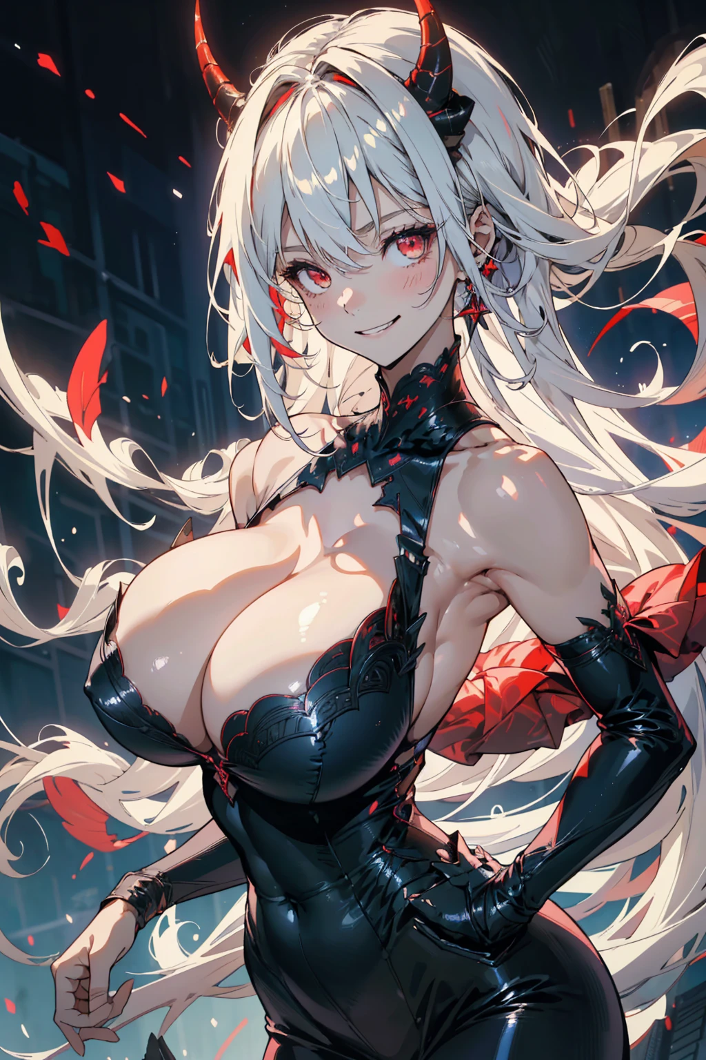 Label: 1 Girl, Solitary, ((Extremely detailed CG unity 8k wallpaper)), masterpiece, best quality, ((Extremely detailed)), The best shadow, Multicolored background, illustration, (Beautiful and delicate face), Flowing hair, Dynamic Angle, High contrast, Optimal lighting, Extremely delicate and beautiful, (Ultra Detail), (Pretty Face:1.2), (Smile:1.0), Gothic, Knight Armor, monochrome, veil on face, creepy Smile, sadistic Smile, Devilish red eyes, Demon horn, Dynamic poses，huge , Crazy breast swelling, Chest larger than shoulder blades, Big breasts and thin waist，(huge breasts:1.2)，Hydrated skin（（rogue））（（非常huge乳房）），（（Grooves reveal original skin）)