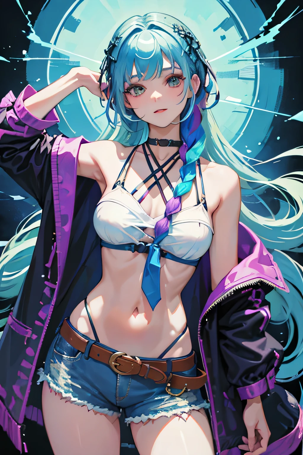 masterpiece, top quality, super detailed, high resolution, (ink painting style), excellent anatomy, beautiful 1 woman, light blue hair is long, braided into two braids, colorful rainbow locks that add a vibrant touch to her appearance, smile, piercing green eyes, makeup is light, emphasizing her natural beauty and positive energy, wears a short multi-colored tank top with abstract patterns, the top is attached with crossed straps, adding a stylish and casual touch, wears faded denim shorts, with tie-dye patterns that perfectly complement her top, belt, casual and colorful style, ((cowboy shot:1.2)), best light, best shadow, mysterious, perfect face, highly detailed,