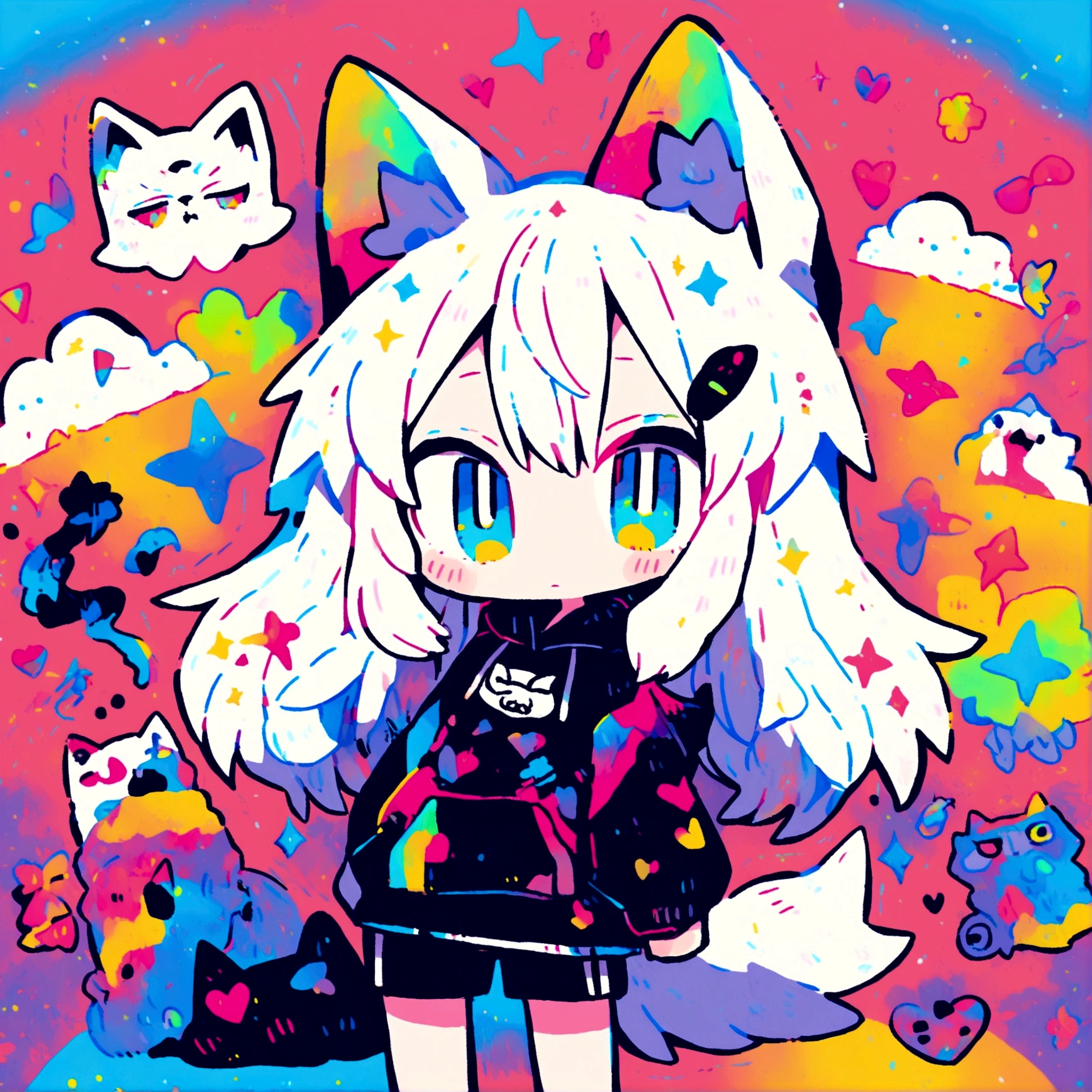 a cute adult male with wolf ears, long white hair, long locks, has a wolf tail, wearing a loose cropped black hoodie, wearing a pair of denim short shorts and fishnet stockings, thick thighs, wide hips, relaxing on mound of fluffy multi colored kawaii plushies, short, very slim, showing slender tummy, heart on hoodie, squishy thighs, has glowing blue eyes. alone, solo (ALONE)(SOLO), surrounded by rainbows, colorful galaxy backround