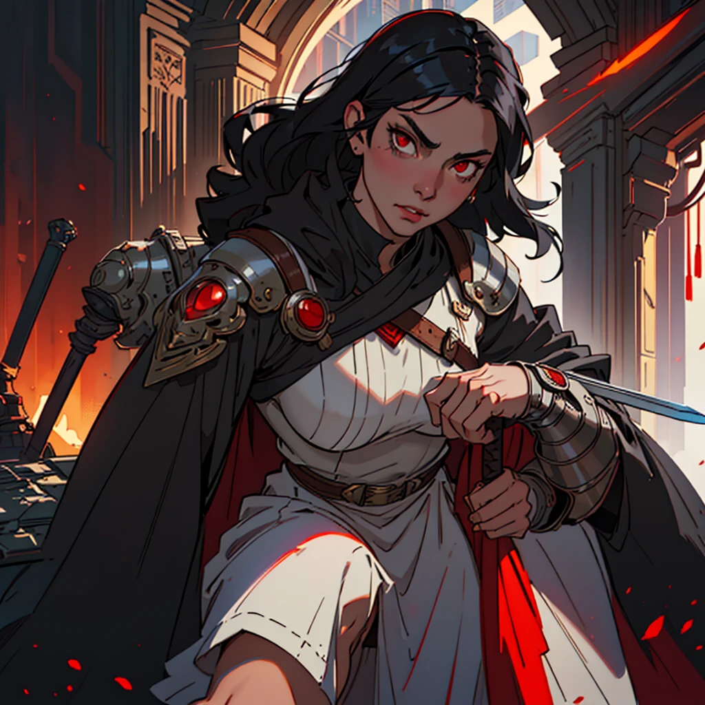 Black-haired female knight, long hair, ((staring directly to the viewer: 1.8)), glowing red eyes, kneeling down, holding a sword, a helmet is on her lap, white wool dress, black cloak, fantasy RPG, detailed linen clothing, intricate details, digital painting, artstation, concept art, smooth, sharp focus, illustration, by Greg Rutkowski, Atey Ghailan, Jeremy Mann, Antonio Moro, trending on ArtStation, mucha, artgerm, wlop, trending on CGSociety, volumetric lighting, dramatic lighting.