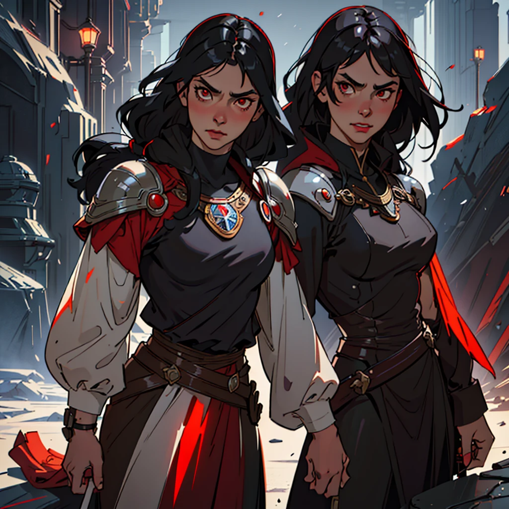 Black-haired female knight, long hair, ((staring directly to the viewer: 1.8)), glowing red eyes, kneeling down, holding a sword, a helmet is on her lap, white wool dress, black cloak, fantasy RPG, detailed linen clothing, intricate details, digital painting, artstation, concept art, smooth, sharp focus, illustration, by Greg Rutkowski, Atey Ghailan, Jeremy Mann, Antonio Moro, trending on ArtStation, mucha, artgerm, wlop, trending on CGSociety, volumetric lighting, dramatic lighting.