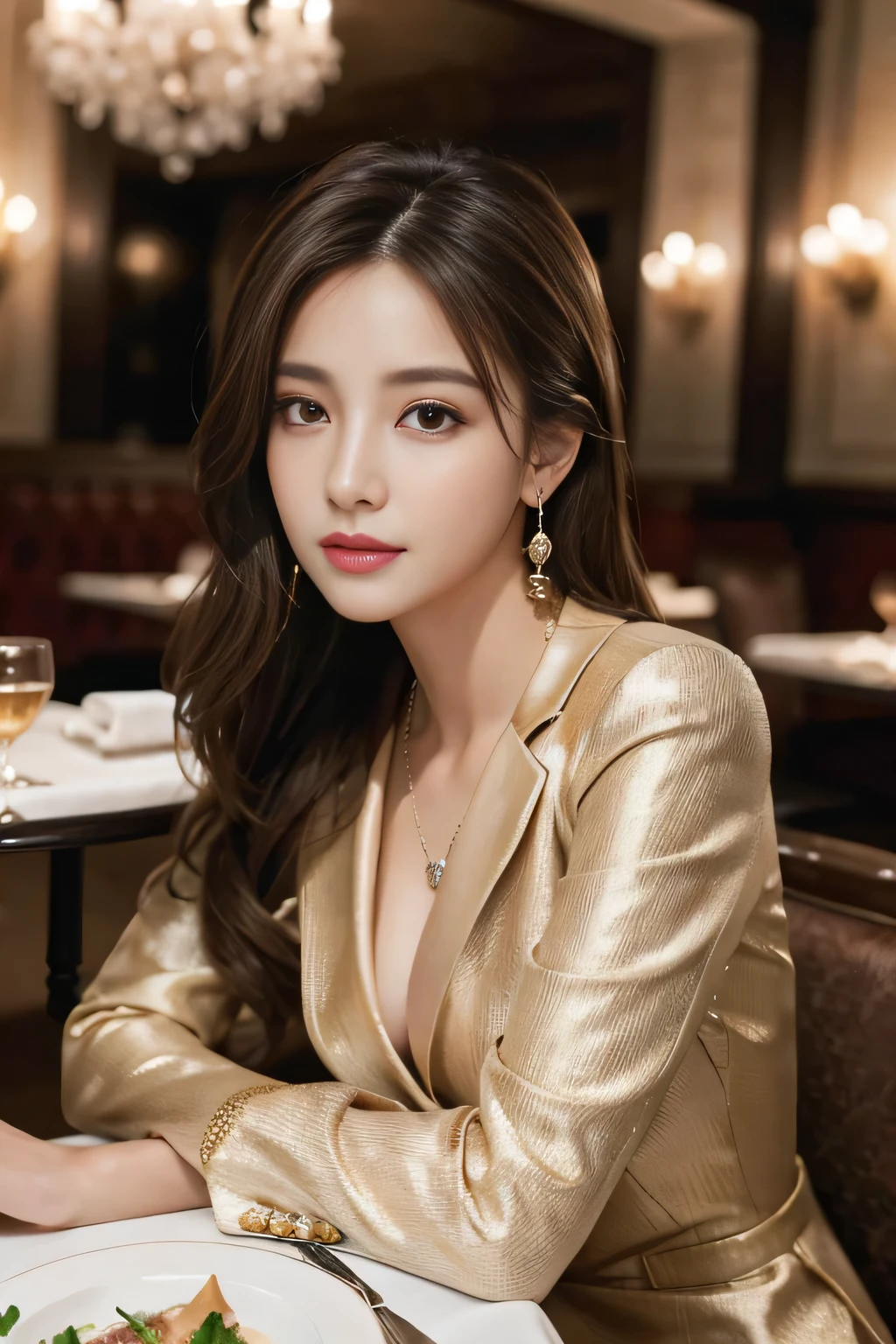 masterpiece, Highest quality, Realistic, Very detailed, Finer details, High resolution, 8k wallpaper, One beautiful woman, Wear a nice suit, In a great restaurant, At night, Light brown messy hair, Perfect dynamic composition, Beautiful and beautiful eyes、Big earrings、Sit on a chair、