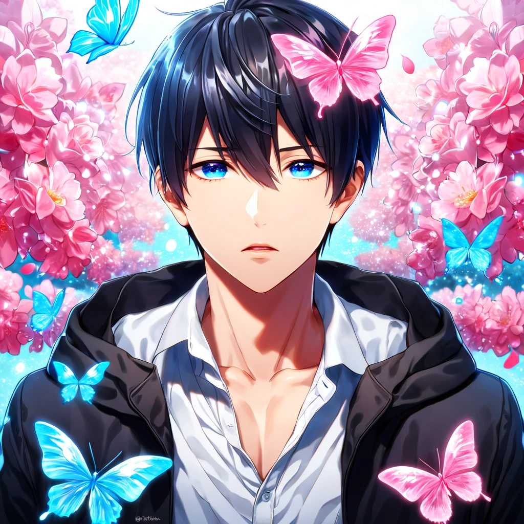absurdres, highres, ultra detailed, HDR, master piece, best quality, Nanase Haruka, black hair, expressive blue eyes, Free!, solo, sexy man, handsome, black coat, white shirt, fantasy, shining, water, pink flowers, pink blossoms, pink butterflies, pink petals