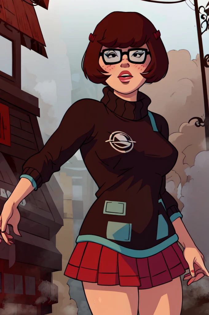 1girl, Velma from scooby-doo, solo, fat, brown hair, black eyes, square glasses, orange turtleneck blouse and red skirt,  eyeliner, looking at viewer, lips, black bob cut, blunt bangs, blush, standing, upper body, face focus, outdoors, horror \(theme\), night, fog egirlmakeup, 