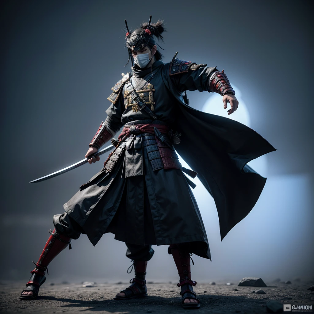 Create a character for a game, the character is a 3d style, he is a samurai and he has a mask and a full body