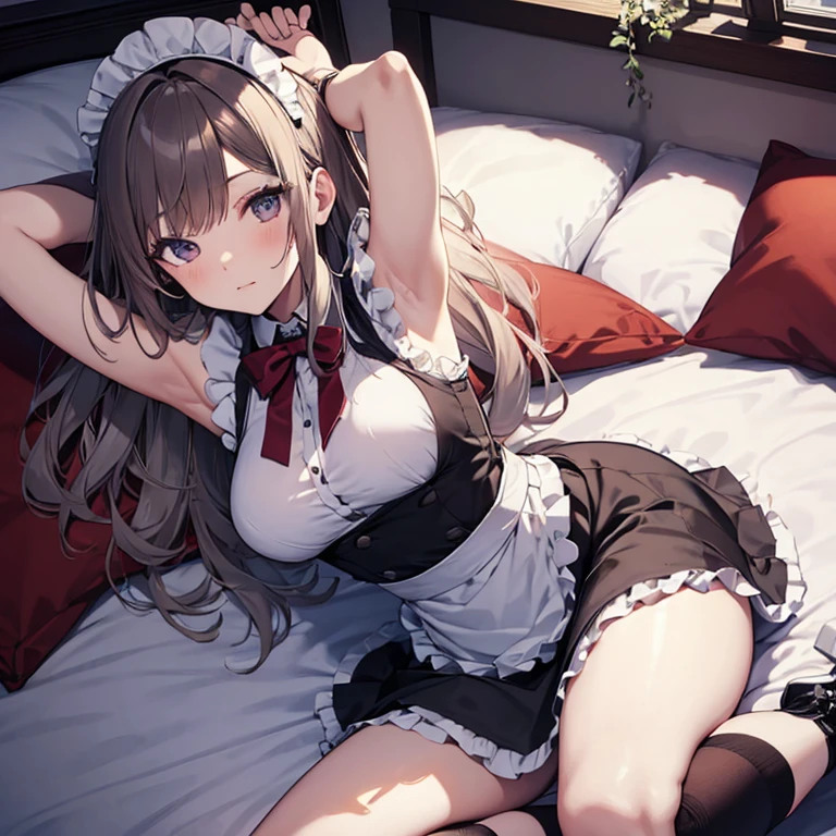 A maid, (in bedroom), various hair styles, night, details face, short skirt, seducing, sleeveless, maid uniform, armpits, laying on bed