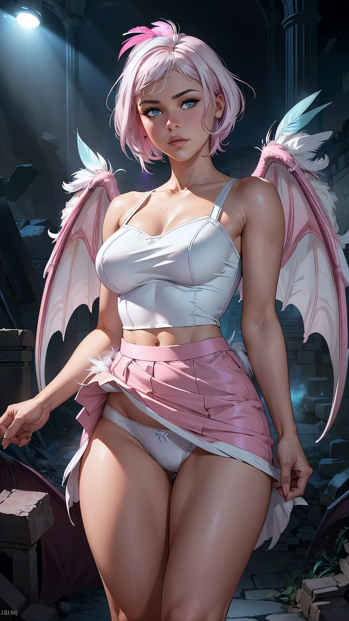 (La Best Quality,A high resolution,Ultra - detailed,actual),Selena Gomez xuer hologram Laser dress,(Short pink and white hair:1.4) ,(mini skirt pink :1.4) ,(Ruined dungeon ruins background:1.4 ), More detailed 8K.unreal engine:1.4,UHD,La Best Quality:1.4, photorealistic:1.4, skin texture:1.4, masterpiece:1.8,first work, Best Quality,object object], (detailed face features:1.3),(The correct proportions),(Beautiful blue eyes), (cowboy pose), Selena Gomez :1.4),( cinematic lighting :1.4), (skirt lifted by itself: 1.1), (skirt lift: 1.3), (showing white panties: 1.3), (bright colors) , (perfect ??????? :1.4),( has big dragon white feather wings:1.4), manos perfectas: 1.5, (dragon alas V2.1) 