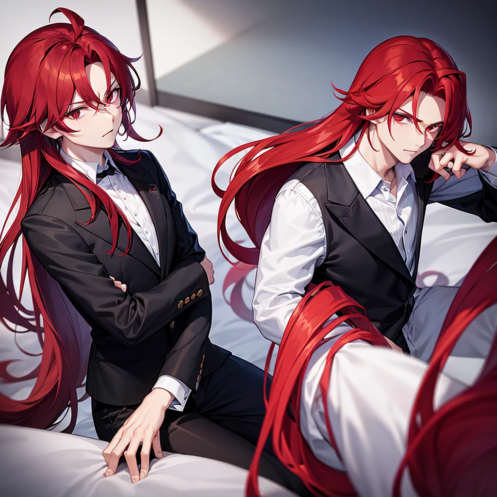 boy robust man with slightly long red hair in formal clothes and with red hair and red eyes