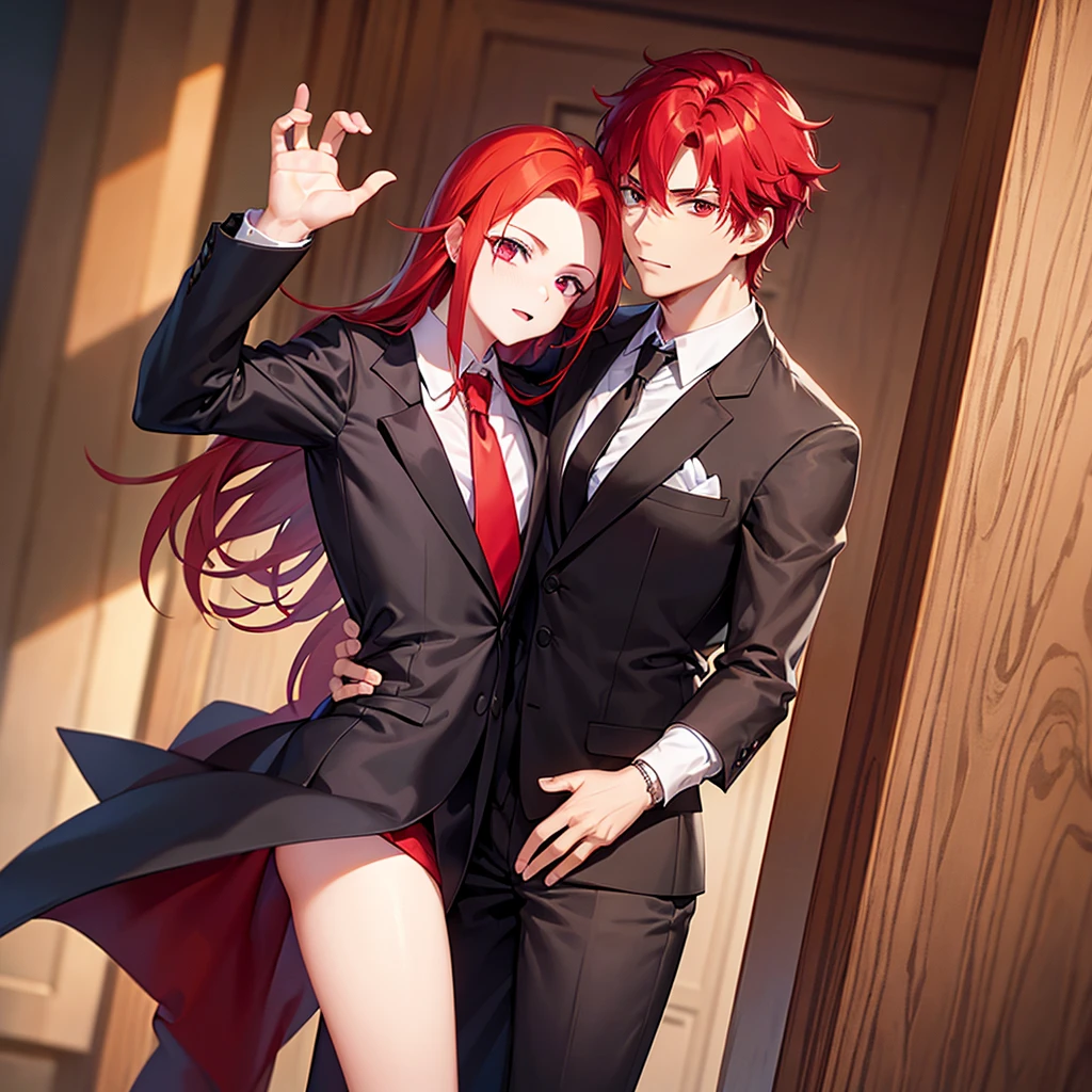 boy robust man with slightly long red hair in formal clothes and with red hair and red eyes