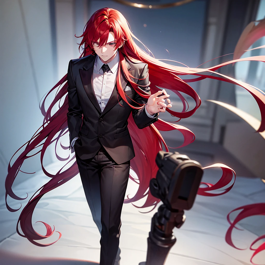 boy robust man with slightly long red hair in formal clothes and with red hair and red eyes