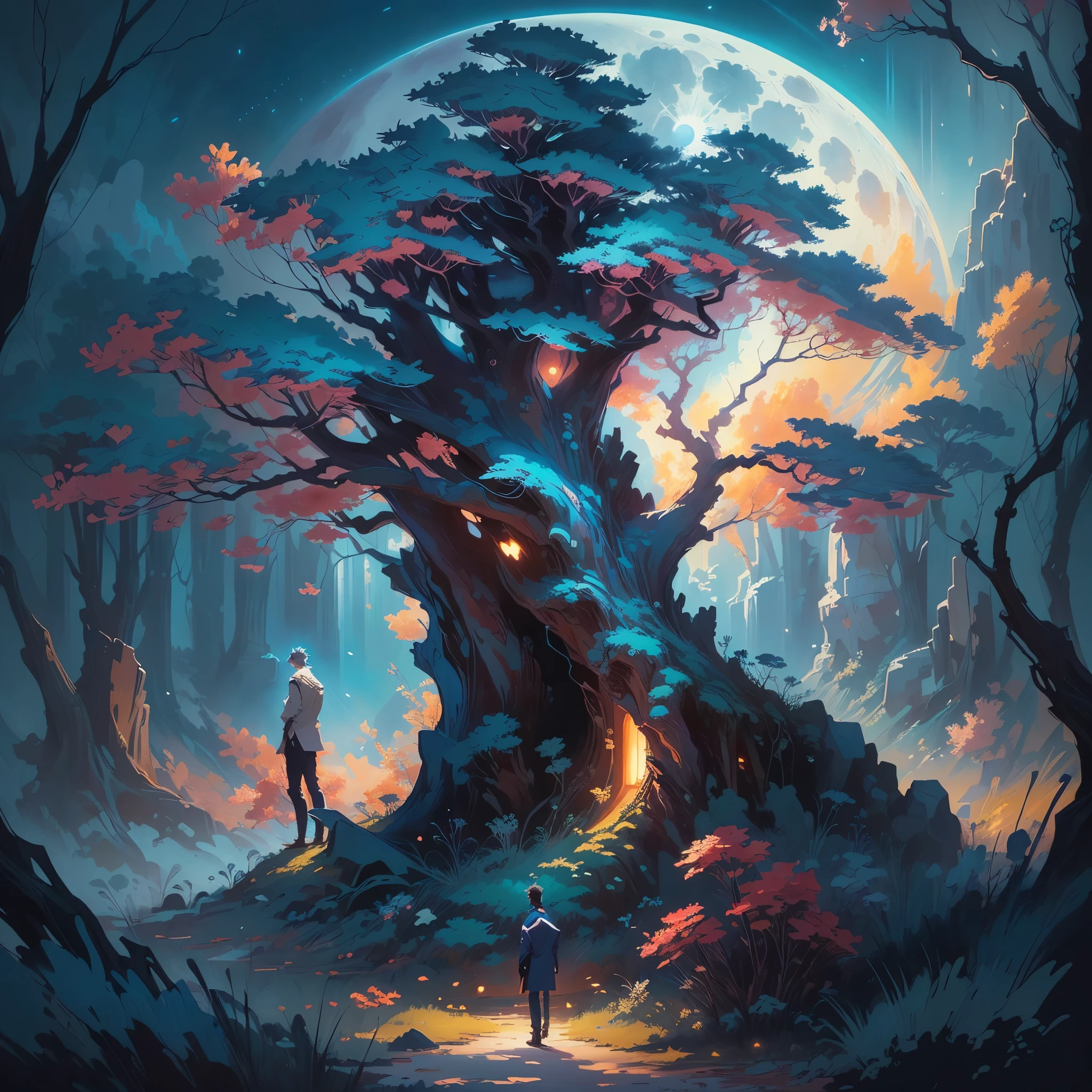 anime art of a man standing under a tree with a full moon in the background, anime art wallpaper 4 k, anime art wallpaper 4k, alice x. zhang, beautiful art uhd 4 k, anime art wallpaper 8 k, beautiful painting of a tall, a beautiful artwork illustration, anime fantasy artwork, anime fantasy illustration, beautiful anime artwork, beautiful fantasy anime