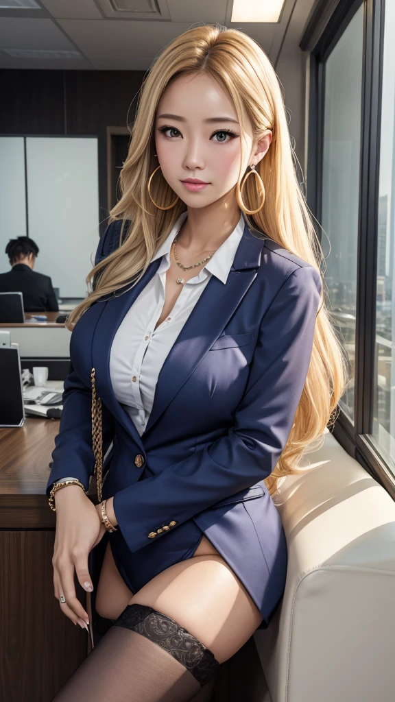 Rock music explores a modern city. His free-spirited expression, the shine of the guitar he holds, and the landscape of the city behind him are impressive. 8K , HD, highly detailed, realistic, photography, photo realism --ar 9:16 -- at 6.0 --s 750,19 years old, alone, Long Hair, View your viewers, Blonde, Brown eyes, gem, whole body, Realistic, ????、??????????? 、stockings、clip on earrings,during,bracelet、embarrassed,blush,office staff suit