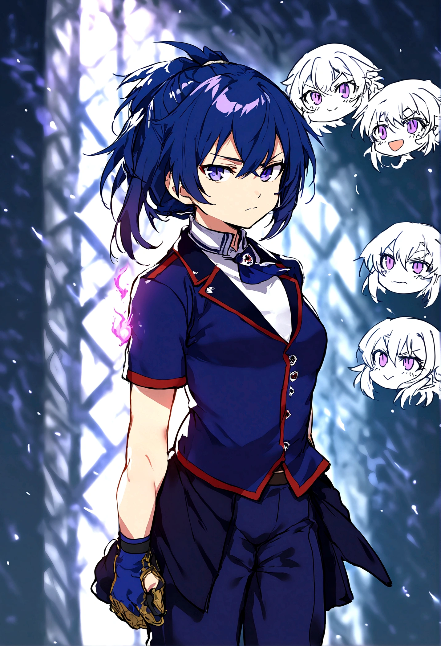 Football player, with purple and red uniform,dark purple hair,bright purple eyes,with magical purple fire.