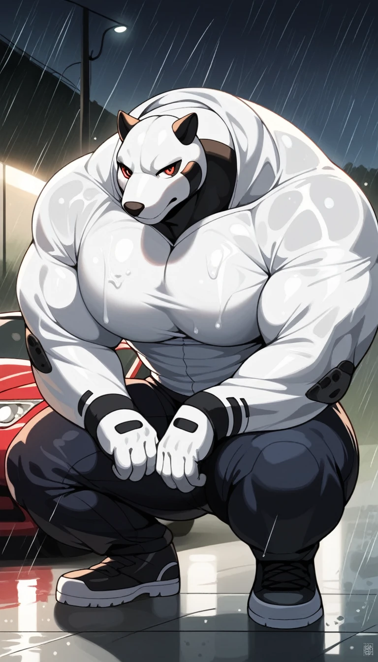 a giant white anthro velciraptor in a white full body racing suit, gigantic hyper bulge in pants as big as his head. huge round pecs, slim torso, massive arms, big thick thighs, broad shoulders. drippin wet from rain. in fututistic car racin track at rainy night, dark lighting. crouching, by darkgem