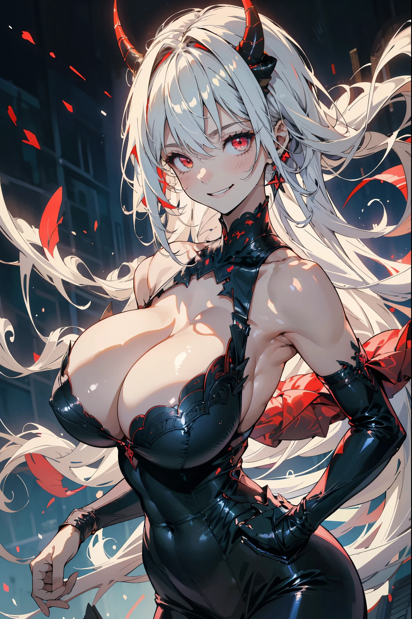 Label: 1 Girl, Solitary, ((Extremely detailed CG unity 8k wallpaper)), masterpiece, best quality, ((Extremely detailed)), The best shadow, Multicolored background, illustration, (Beautiful and delicate face), Flowing hair, Dynamic Angle, High contrast, Optimal lighting, Extremely delicate and beautiful, (Ultra Detail), (Pretty Face:1.2), (Smile:1.0), Gothic, Knight Armor, monochrome, veil on face, creepy Smile, sadistic Smile, Devilish red eyes, Demon horn, Dynamic poses，huge , Crazy  swelling,  larger than shoulder blades,  and thin waist，(:1.2)，Hydrated skin（（rogue））（（非常huge）），（（Grooves reveal original skin）)