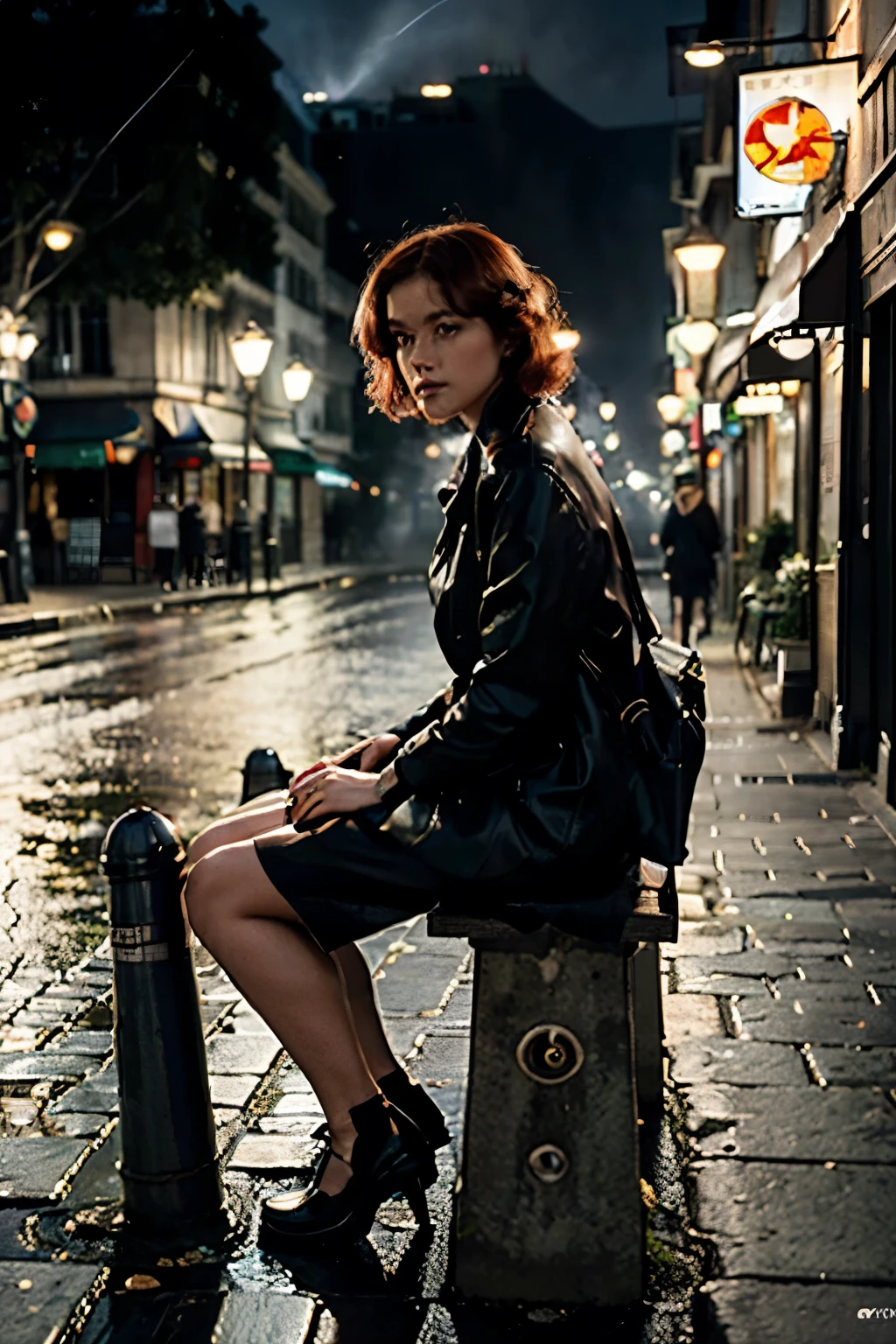 distant view, a night paris street, parisian alley, fog, cafe shop, beautiful woman sitting in a bench, red hair, spotlight enlighting her detailed face, street lights, long exposure, 1920s, retro vintage, warm lighting, moody atmosphere, cinematic, dramatic shadows, cobblestone road, puddles reflecting lights, old-fashioned lampposts, muted colors, nostalgic mood, (best quality,4k,8k,highres,masterpiece:1.2),ultra-detailed,(realistic,photorealistic,photo-realistic:1.37)