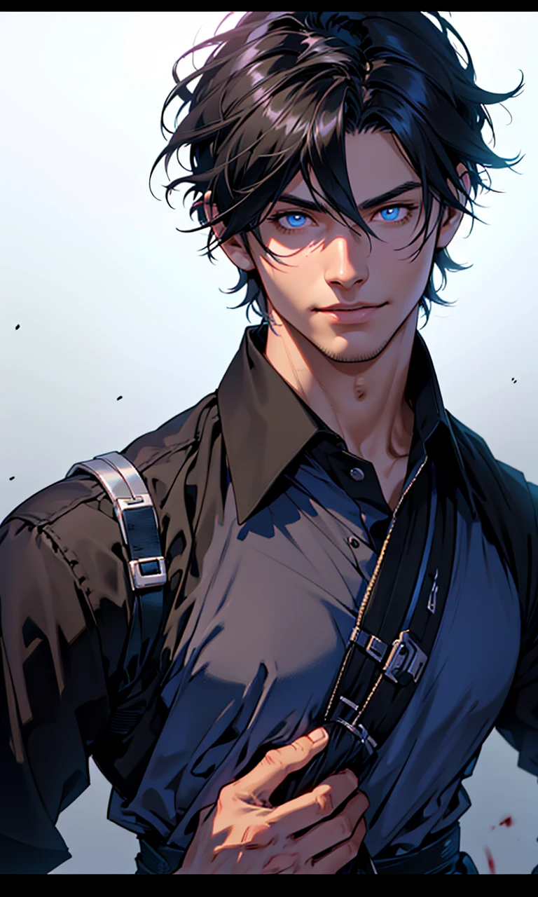 ,
(Fantasy style), 1 boy, (main character), ((focus man, alone)), black hair, blue eyes, รอยsmile, handsome, look at viewer, Portrait, glow, smooth, glow eyes, hair between the eyes, short hair, close up, color gradient background, smile, color gradient, Chapped lips, tooth, shirt, upper body, look at viewer, smooth, shirt, short hair, black shirt, tooth, hair between the eyes, black gloves, high neck, ((blood on face)),blood on face, shirtแจ็กเกต, ((color gradient background)), weapon, short hair
(Masterpiece), (Highest quality), best quality, height, 8K, very detailed, digital art, (พื้นหลังที่very detailed:1.2), (realistic background), (complicated details), won, very detailedเกินไป, (illustration:1.1),
(movie light), soft light,