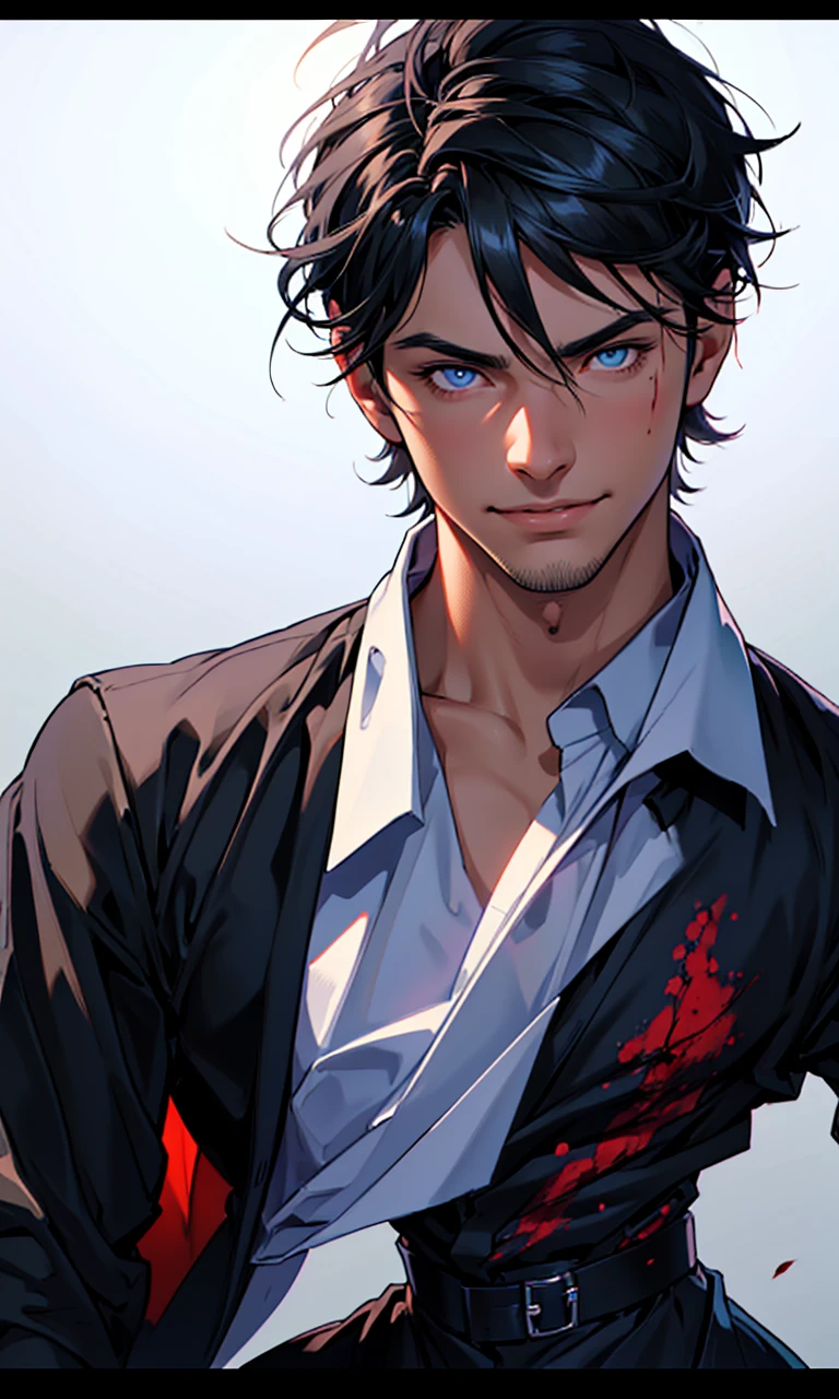 ,
(Fantasy style), 1 boy, (main character), ((focus man, alone)), black hair, blue eyes, รอยsmile, handsome, look at viewer, Portrait, glow, smooth, glow eyes, hair between the eyes, short hair, close up, color gradient background, smile, color gradient, Chapped lips, tooth, shirt, upper body, look at viewer, smooth, shirt, short hair, black shirt, tooth, hair between the eyes, black gloves, high neck, ((blood on face)),blood on face, shirtแจ็กเกต, ((color gradient background)), weapon, short hair
(Masterpiece), (Highest quality), best quality, height, 8K, very detailed, digital art, (พื้นหลังที่very detailed:1.2), (realistic background), (complicated details), won, very detailedเกินไป, (illustration:1.1),
(movie light), soft light,