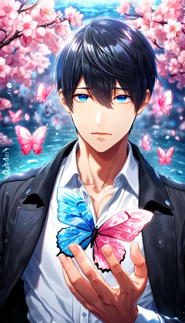 absurdres, highres, ultra detailed, HDR, master piece, best quality, Nanase Haruka, black hair, expressive blue eyes, Free!, solo, sexy man, handsome, black coat, white shirt, fantasy, shining, water, pink flowers, pink blossoms, pink butterflies, pink petals