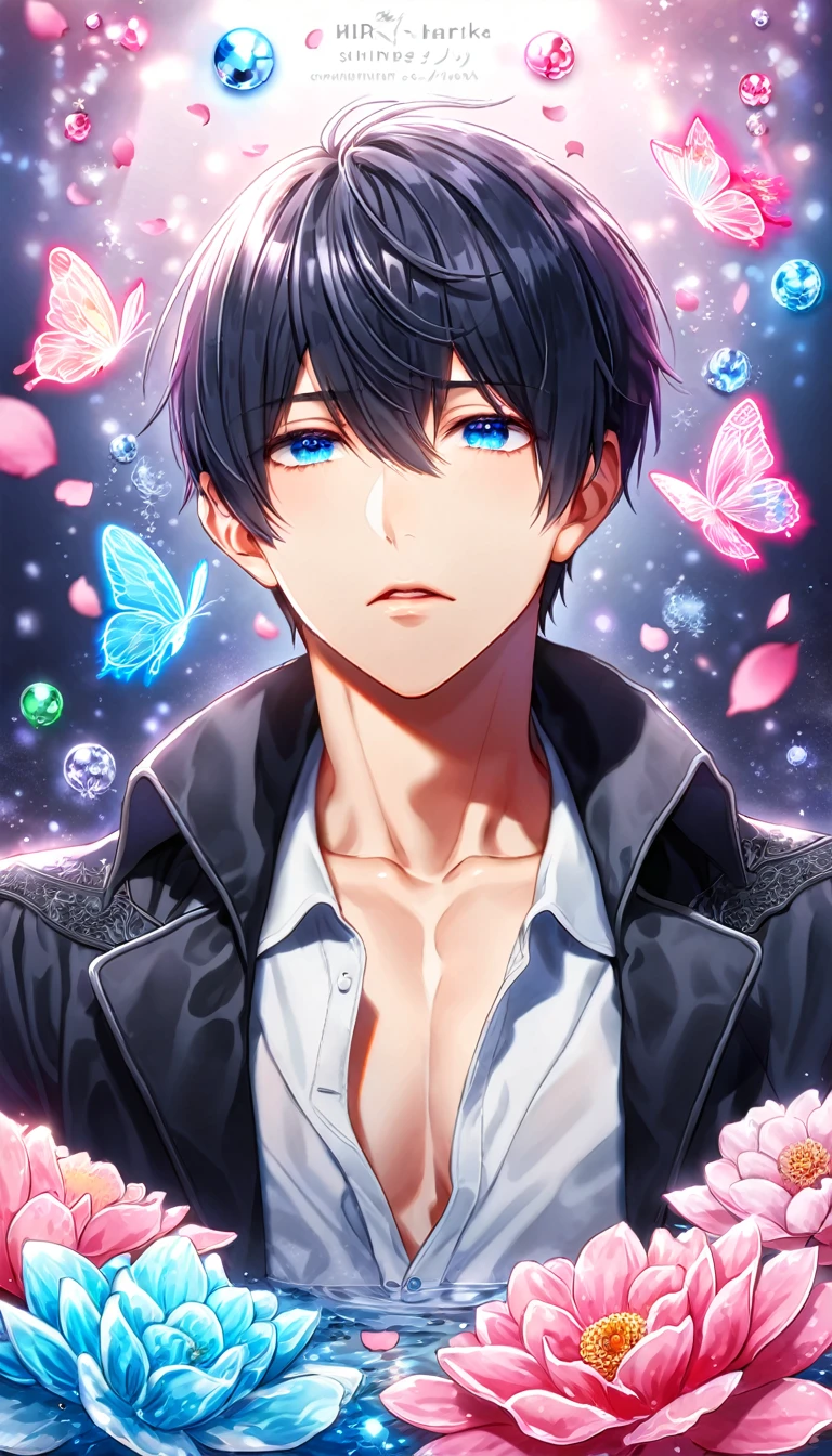 absurdres, highres, ultra detailed, HDR, master piece, best quality, Nanase Haruka, black hair, expressive blue eyes, Free!, solo, sexy man, handsome, black coat, white shirt, fantasy, shining, water, pink flowers, pink blossoms, pink butterflies, pink petals