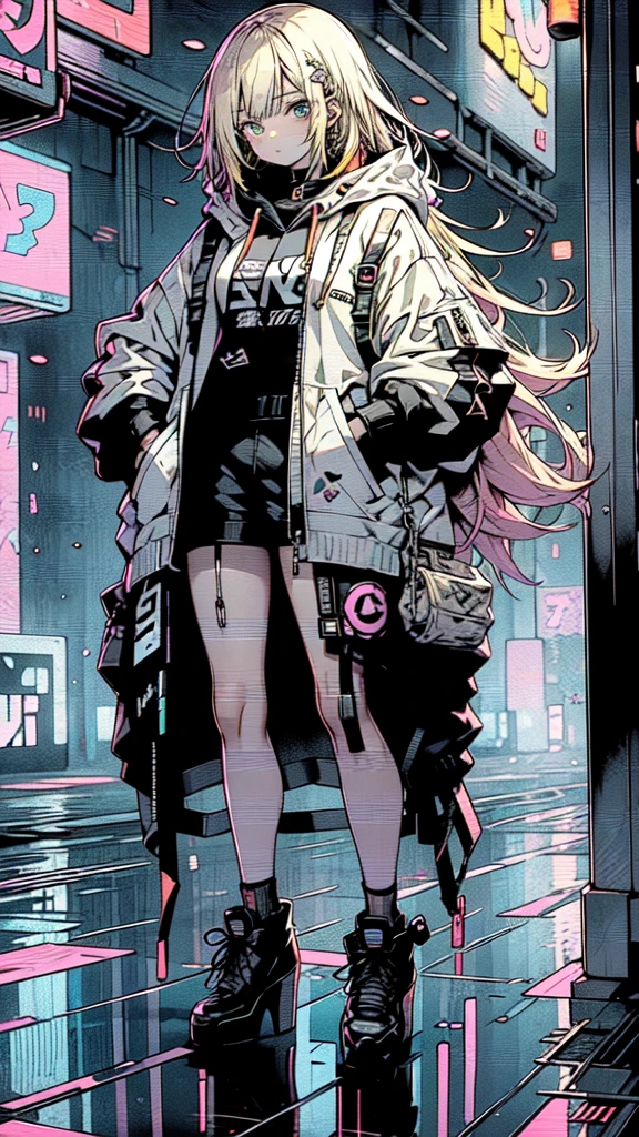 a girl with long yellow hair, blue eyes, wearing an orange hoodie and black heels, in a cyberpunk setting with her hand in her pocket, pink background