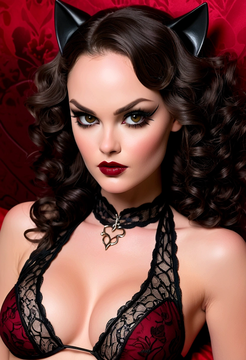 Tori Black lace catwoman, ringlets wavy five feet long black hair, dark red glossy lips, heavy black eye shadow long black eyeliner, black lace beautiful and creative sleeveless bikini outfit, incredible and fantastic with no gaps face mask, forehead lace ornament, sharp claws posing on a sensual bed fierce expression dark ambience. No faces on her chest!