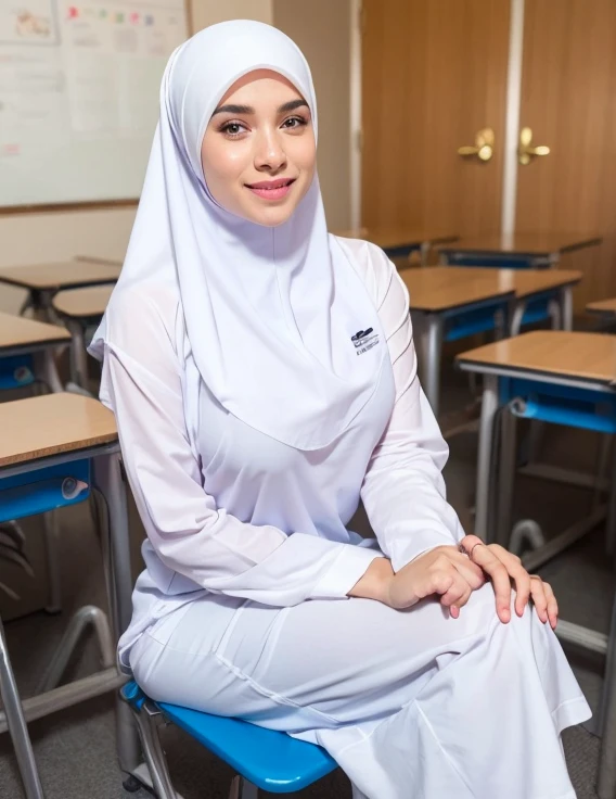 1girl, white silky dress, wearing short white hijab, blue skirt, long sleeve, classroom background, beautiful, pretty, blushing, flawless, best quality, masterpiece, ultra high res, (photorealistic:1.4), raw photo, (large breasts,full body:1.2), ((closed clothes)), detailed two arms, ((both arms squeezed the breasts)) ((wearing short hijab)), detailed beautiful eyes, detailed reddish lips