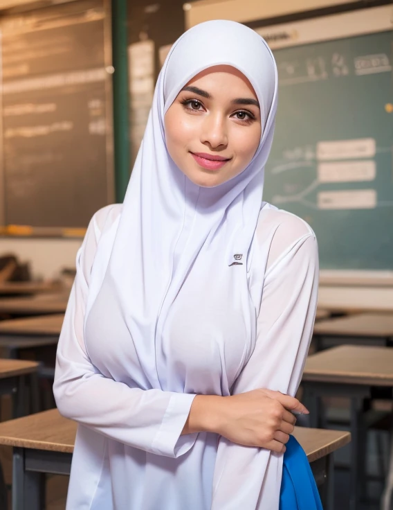 1girl, white silky dress, wearing short white hijab, blue skirt, long sleeve, classroom background, beautiful, pretty, blushing, flawless, best quality, masterpiece, ultra high res, (photorealistic:1.4), raw photo, (large breasts,full body:1.2), ((closed clothes)), detailed two arms, ((both arms squeezed the breasts)) ((wearing short hijab)), detailed beautiful eyes, detailed reddish lips