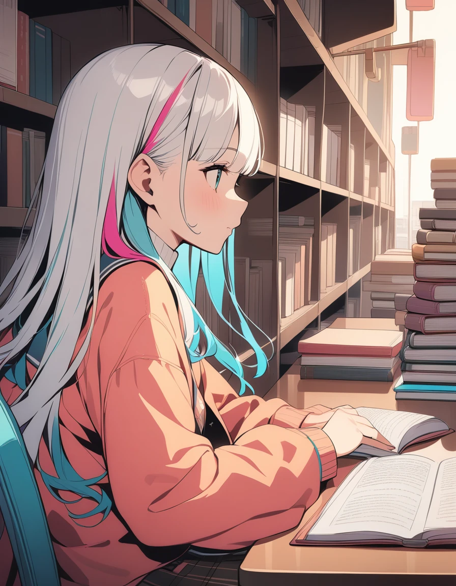 One girl,studying, Multicolored Hair, Shoulder-length hair, Retro costumes, , Sideways glance, Sitting, Hyper Pop, A stylish library,　 Retro feel, overview, masterpiece, Highest quality,