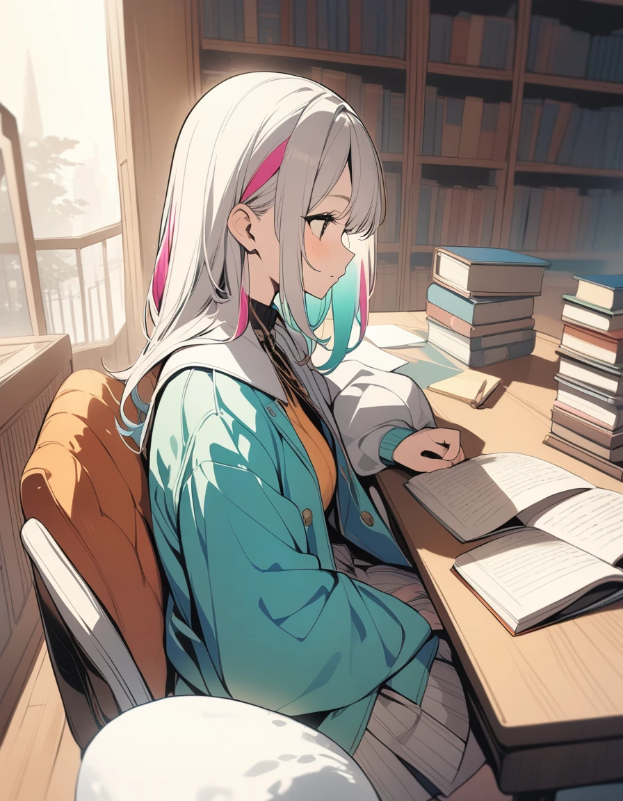 One girl,studying, Multicolored Hair, Shoulder-length hair, Retro costumes, , Sideways glance, Sitting, Hyper Pop, A stylish library,　 Retro feel, overview, masterpiece, Highest quality,