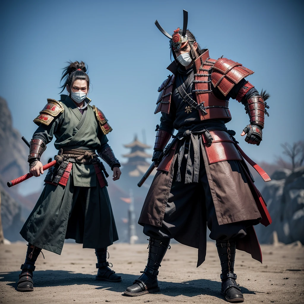 Create a character for a game, the character is a 3d style, he is a samurai and he has a wooden mask and he has to have a full body