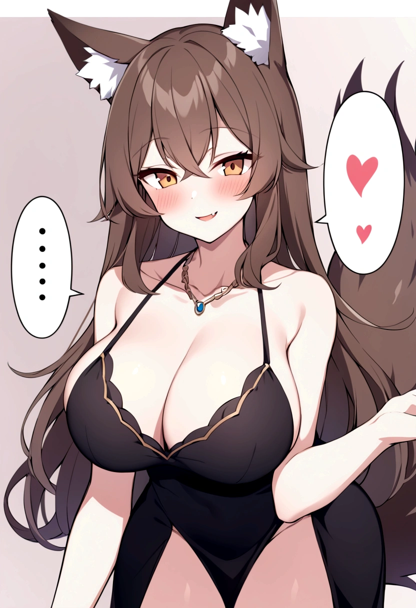 slender, mature female, 1girl, brown_hair, breasts, blush, long_hair,jewelry, animal_ears, necklace, large_breasts, smile, monster_girl, wolf_tail, tail, cleavage, eyebrows_visible_through_hair, wolf_ears, bangs, heart, hair_between_eyes, sidelocks, solo_focus, solo, collarbone, bare_shoulders, speech_bubble, fang