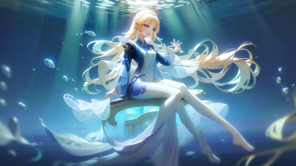 Blonde girl in white dress underwater in pool， A close-up fantasy of water magic， jingna zhang， Sitting on an underwater throne， Queen of the Sea Mu Yanling， Water daffodil， Jellyfish Priestess， Underwater Photography， Natalie Shaw， Real photography of the Queen of the Ocean， Gu Weisz style artwork， long flowing hair underwater， Ethereal fantasy
