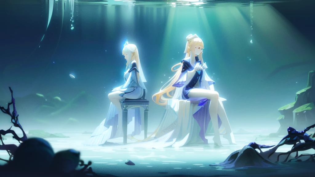 Blonde girl in white dress underwater in pool, A close-up fantasy of water magic, jingna zhang, Sitting on an underwater throne, Queen of the Sea Mu Yanling, Water daffodil, Jellyfish Priestess, Underwater Photography, Natalie Shaw, Real photography of the Queen of the Ocean, Gu Weisz style artwork, long flowing hair underwater, Ethereal fantasy