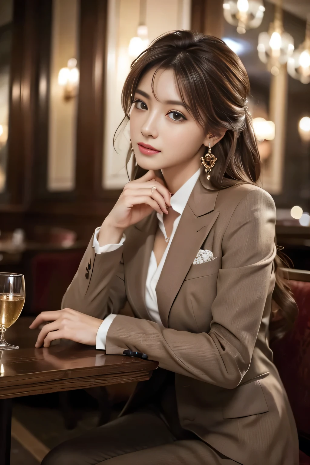 masterpiece, Highest quality, Realistic, Very detailed, Finer details, High resolution, 8k wallpaper, One beautiful woman, Wear a nice suit, In a great restaurant, At night, Light brown messy hair, Perfect dynamic composition, Beautiful and beautiful eyes、Big earrings、Sit on a chair、