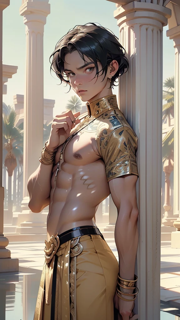 (male priest) of ancient Egypt,Egyptian (priest),((((1male,1 male, 1man, 1 man:1.5,man,male,male gender:1.5)))),((((Mature man,50 year old man,adult)))),macho man,
(((hairless,bald head:1.4))),(((eyes golden:1.3))),intricate eyes,beautiful detailed eyes,symmetrical eyes,(ultra-detailed black eyes:1.1,symmetrical eyes:1),man chest,(((lustrous skin:1.5,tanned skin,bright skin: 1.5,skin tanned,shiny skin,very shiny skin,shiny body))),perfect face,flat chest,slim figure,((hand consists of a short thumb and four fingers,hand with only five fingers,(detailed face))),
((wicked man,dark character,corruption)),opulent,sumptuous,
(((bare chest,naked torso))),egyptian accessories,usekh collar,egypt priest clothes,red tunic,long skirt,arabic pants,((bulge in pants)),gold necklace,(((intricate outfit,embroidered outfit,ornate outfit,intricate clothes,embroidered clothes,ornate clothes))),
dynamic pose,looking at viewer,angry ,centered,scale to fit dimensions,Rule of thirds,
outdoors,pillars,((pillars background,egyptian palace,egyptian palace background,pyramids in the background)),scenery,extremely scenery,(puddles everywhere,moss,moss on the background),sunset, golden hour),
(Glossy Egyptian ornaments),highres,sharp focus,(ultra detailed,extremely detailed),(photorealistic artwork:1.37),(extremely detailed CG unity 8k wallpaper),(((vibrant colors,vibrant theme))),(intricate),(masterpiece),(best quality),artistic photography,(photography taken by sldr),(intricate background),perfect rendered face,perfect face details,realistic face,photo realistic,((intricate detail)),(((realism))),