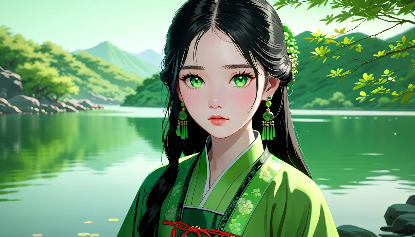 1girl, young chinese woman named eva, oval face, pale skin, green eyes, wavy long black hair, wearing traditional chinese green dress, green earrings, green necklace, green bracelet, by a lake, stomping her feet in sadness, (best quality,4k,8k,highres,masterpiece:1.2),ultra-detailed,(realistic,photorealistic,photo-realistic:1.37),studio lighting,physically-based rendering,vivid colors,landscape,warm color tones