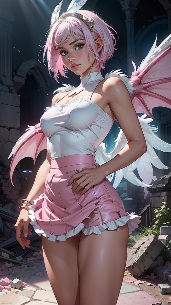 (La Best Quality,A high resolution,Ultra - detailed,actual),Selena Gomez xuer hologram Laser dress,(Short pink and white hair:1.4) ,(mini skirt pink :1.4) ,(Ruined dungeon ruins background:1.4 ), More detailed 8K.unreal engine:1.4,UHD,La Best Quality:1.4, photorealistic:1.4, skin texture:1.4, masterpiece:1.8,first work, Best Quality,object object], (detailed face features:1.3),(The correct proportions),(Beautiful blue eyes), (cowboy pose), Selena Gomez :1.4),( cinematic lighting :1.4), (skirt lifted by itself: 1.1), (skirt lift: 1.3), (showing white panties: 1.3), (bright colors) , (perfect anatomy :1.4),( has big dragon white feather wings:1.4), manos perfectas: 1.5, (dragon alas V2.1) 
