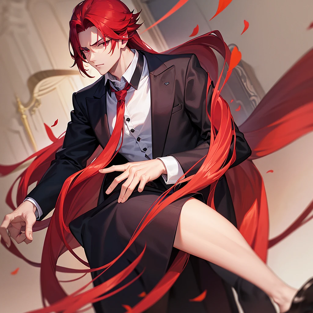 boy robust man with slightly long red hair in formal clothes and with red hair and red eyes