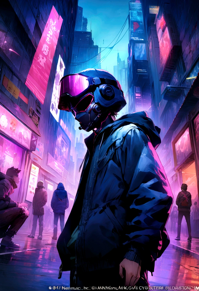 (Masterpiece artwork, maximum quality, best qualityer, offcial art,4K:1.2), 1 young boy,Wearing a cyberpunk hoodie,Cyberpunk style jacket,hooded,cyberpunk helmet,Now on the streets,downward gaze,dynamic poses,