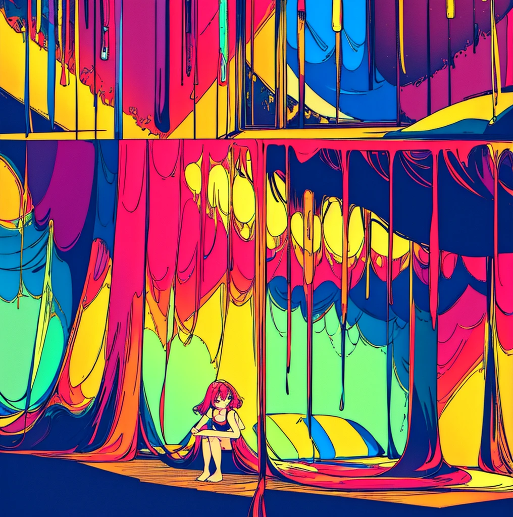 a young girl is in a room with some bright lights and colorful stuff on the walls, girl sitting on the ground, touching her stomach and her breasts, a collection of sketches of several women sitting and standing in front of each other with a woman, two pages show a woman in underwear lying on her bed next to another girl wearing a thongy panties