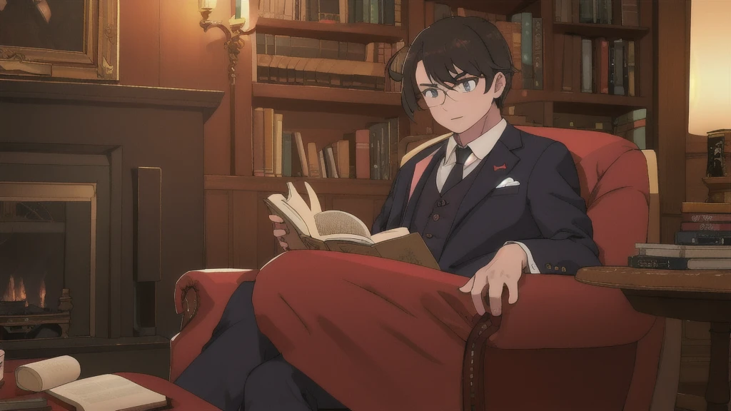 1 man in a suit sitting in an armchair by the fireplace, reading a book, comfortable night reading environment, high resolution, character on the right, youtube channel banner, (best quality,4k,8k,highres,masterpiece:1.2),detailed,(photorealistic,photo-realistic:1.37),HDR,UHD,studio lighting,ultra-fine painting,sharp focus,physically-based rendering,extreme detail description,professional,vivid colors,bokeh,portrait, not so formal, casual, character on the right