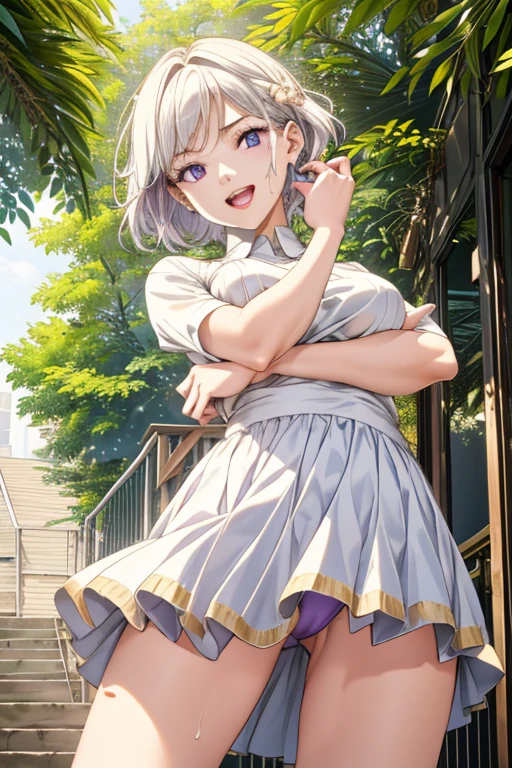 1 girl in, purple color  hair、Purplish pink eyes that dreamers desire, (Blonde hair) , small stature, Colossal , Lori, (masutepiece:1.2, Best Quality), (finely detailed beautiful eye: 1.2), (beautifull detailed face), (Best Illumination, extremely delicate and beautiful), ((Cinematic Light)), Dramatic light, (Pale white background:1.5), Short bob hair（1:3）、Ultra Contrast、Braid a little around the ears, White long dress、only has 5 fingers、Her  is visible through the white 、Wet pants、You can see inside your 、full of sweat、mocking look、、nffsw,Arms crossed、grab the arm、Shoot from below,Best Quality、Large 、muscular 、Pubic hair,high-level image quality、hightquality、8K,perfect hand、5 fingers、finger pin、Perfect Finger、T back、、noise cut、bullet hand、Her hair color should have been a brighter purple.The skirt part is also carefully expressed..、Purple skirt、the skirt is floating in the wind、Dark purple 、Pubic hair majority,(with sparkling eyes and a contagious smile),open mouth,from below:1.2, highest quality, high resolution,Real World, Natural light,perfect Natural light, Looking at Viewer,
