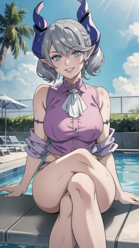 　High level image quality　best image quality　8K　 adult woman    pool party  rain　palm trees  more colors   whole body view　portrait　 bikini   　horn    ears  　short hair（（shortcut）（gray hair）（perm）（fluffy））　eye color is blue ,  , 　attractive evil face , smile   ,  sexy pose   ,  labrynth ,  barearm    , wearing pink shirt    , sitting on person by the pool , crossed legs  , all wet , wet hair 