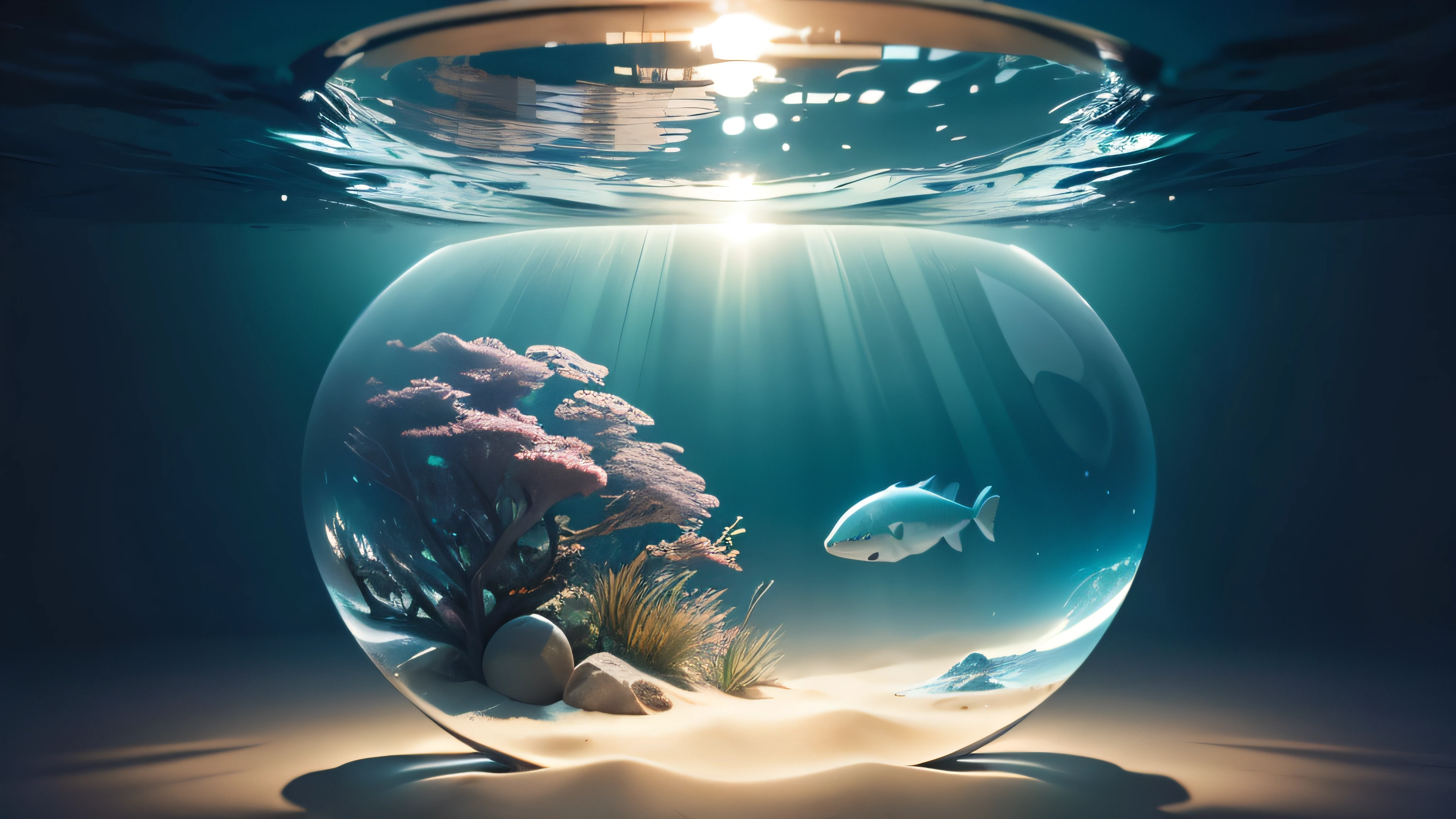 Underwater world,Marine life,Transparent fog,The hemispherical shape looks down from the sky,fanciful,Artistically。beach sand background