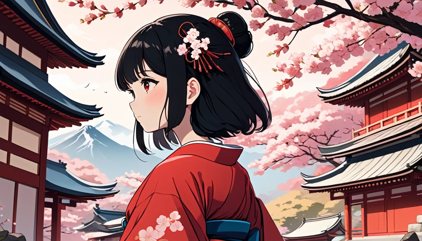 A woman with black hair and a red kimono,Japanese temple with cherry blossoms in the background、 Wide-angle lens, Lofi Anime, Lofi illustration, Aesthetic atmosphere, Lo-Fi Style, Vector art, Flat Design, Simple shape, Warm tones, Pleasant atmosphere, Chill, In anime style, Digital drawing, Vector art, Vector logo for t-shirt printing, (Adorable:1.5), (small:1.4), (Playful:1.2), (soft:1.3), (Whimsical:1.1), masterpiece, Highest quality, 8K, Intricate details, grow, Celestial, Mysterious, Picturesque, amazing, Majestic, Magic, Fantasy art, Cover art, dream-like