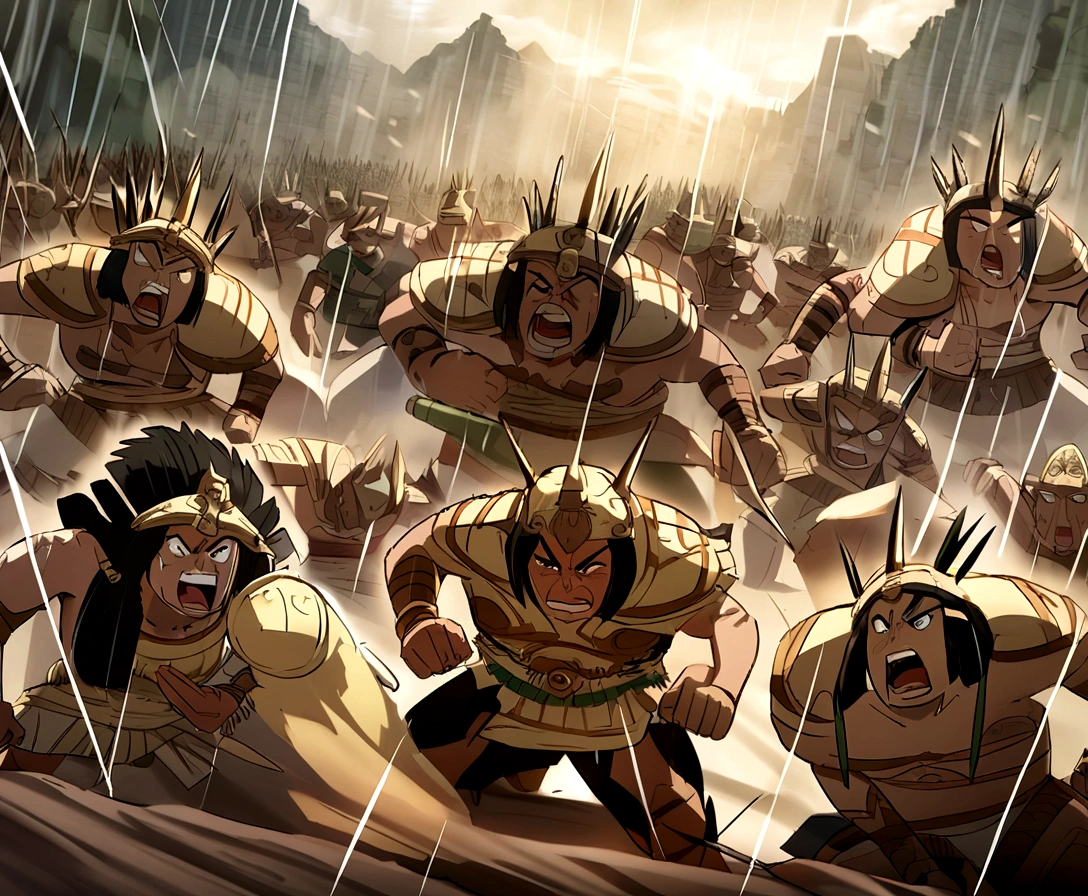 manga, toons, anime: Clash between the AZTEC ARMY AND THE MAYAN ARMY, FIERCE BATTLE, HD, rain of spears, lots of action

