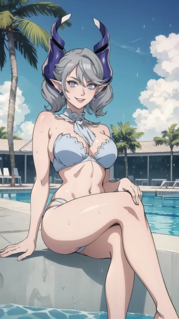 　High level image quality　best image quality　8K　 adult woman    pool party  rain　palm trees  more colors   whole body view　portrait　 bikini   　horn    ears  　short hair（（shortcut）（gray hair）（perm）（fluffy））　eye color is blue ,  , 　attractive evil face , smile   ,  sexy pose   ,  labrynth ,  barearm    , wearing pink shirt    , sitting on person by the pool , crossed legs  , all wet , wet hair 