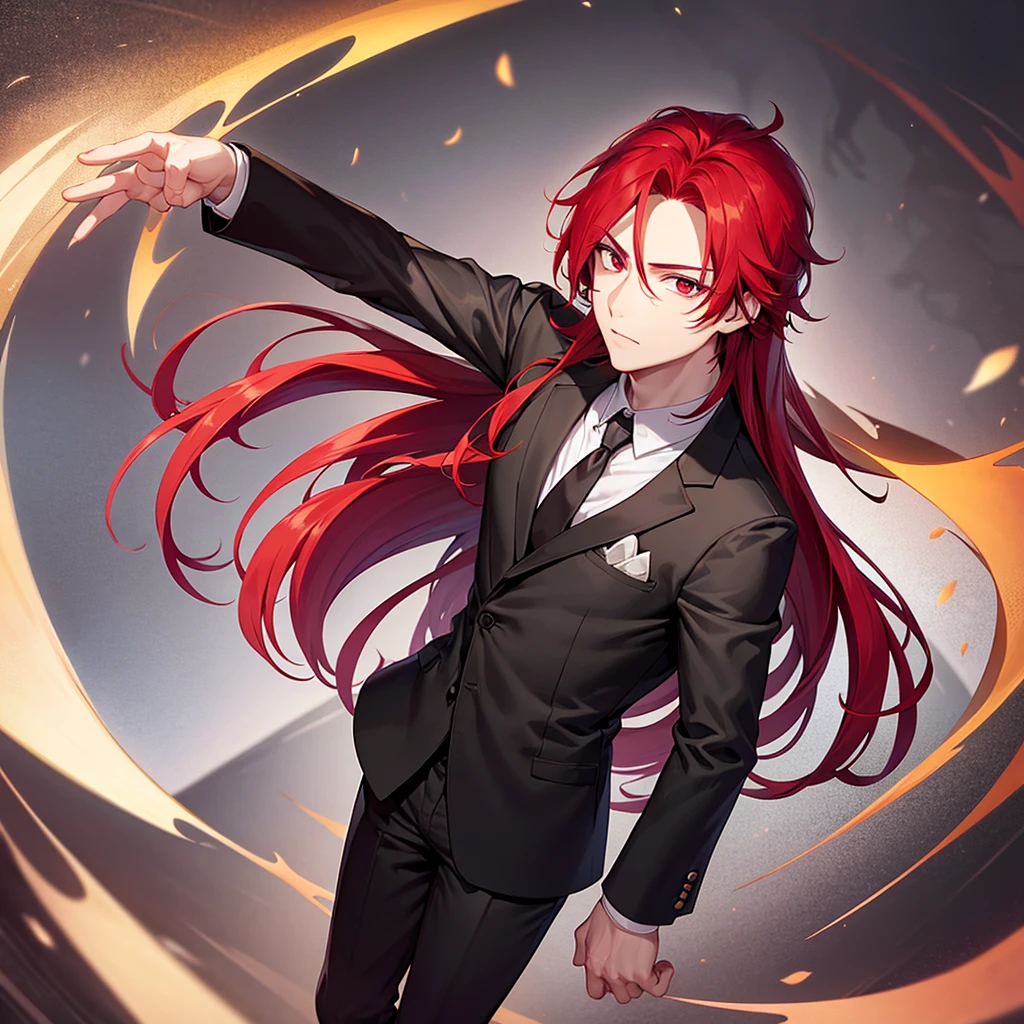 boy robust man with slightly long red hair in formal clothes and with red hair and red eyes full body